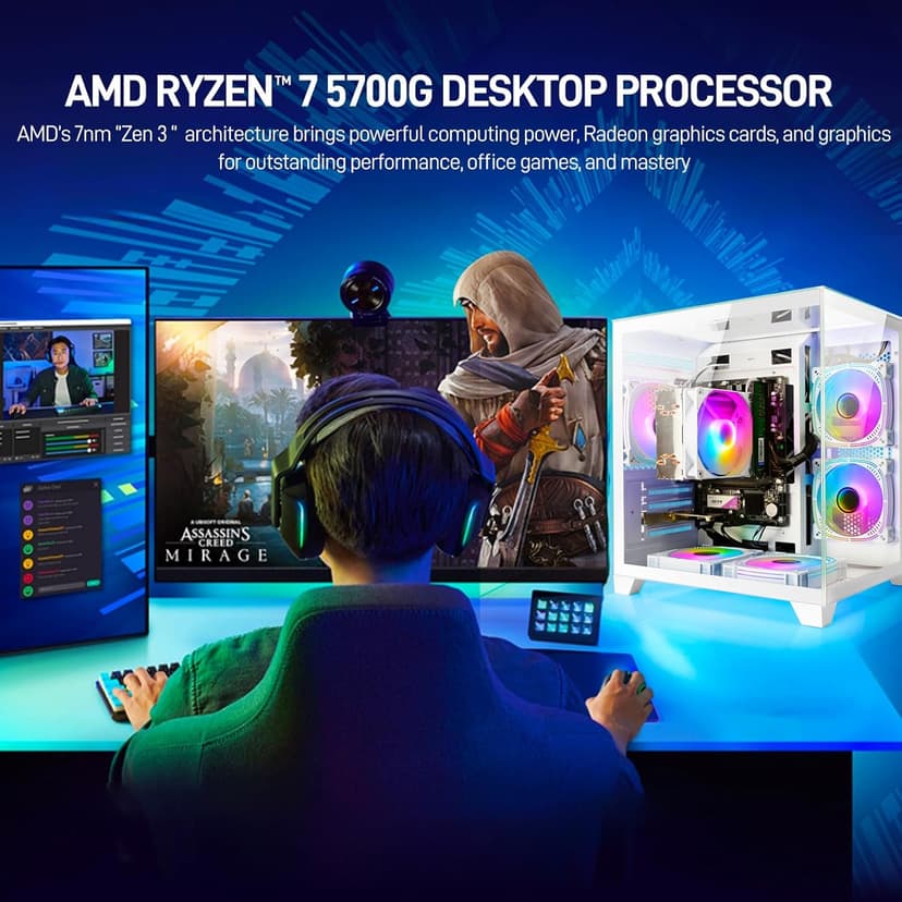 LXZ Desktop PC AMD Ryzen 7-5700G, 16G DDR4 RAM, 1TB NVME SSD, Tower Computer with Power Supply 650W for Home and Office (White)