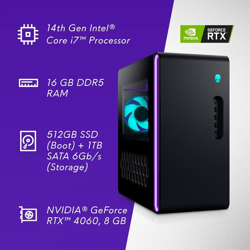 Alienware Aurora R16 Gaming Desktop - Intel Core i7-14700F Processor, 16GB DDR5 RAM, 512GB SSD + 1TB HDD, NVIDIA GeForce RTX 4060 8GB GDDR6, Windows 11 Home, Onsite Service - Black