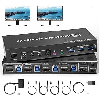 HDMI + DisplayPort KVM Switch 4 Computers 2 Monitors with 3 USB3.0 Ports, 4K@60Hz Dual Monitor KVM Switch 4 Port for 4 PCs Share 2 Monitors, Support Button Switch,Adaptive EDID, 4 in 2 Out