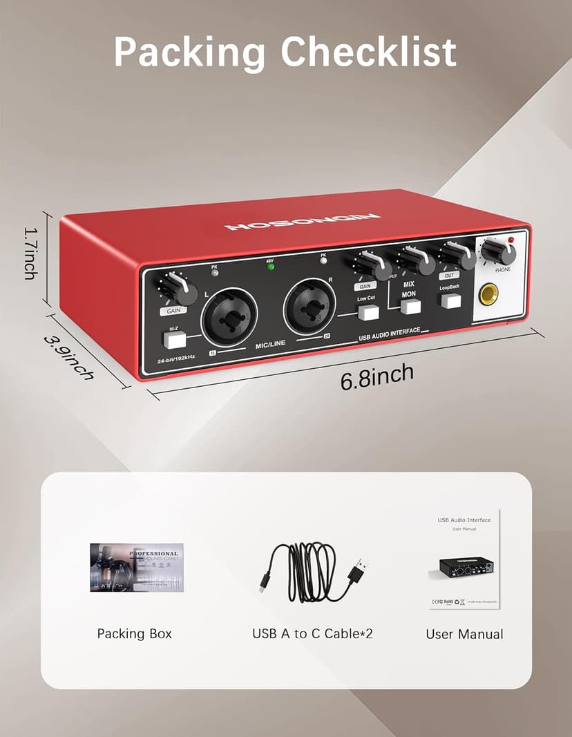 HOSONGIN 2i2 USB Audio Interface for Beginners - 24Bit/192kHz, 48V Phantom Power, Plug & Play Recording for Podcast/Vocals/Guitar/Youtube, PC/Mac/iOS Compatible (Red Metal)