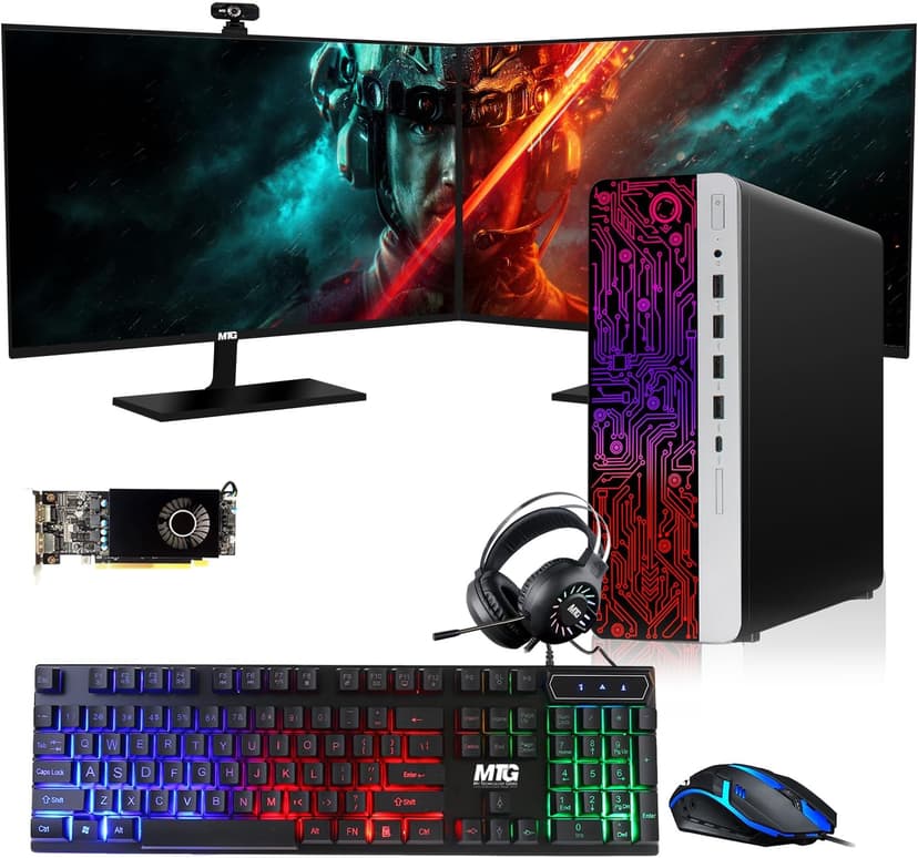 HP G3 Gaming Desktop PC, Intel Core i7 6th Gen, RX 550 Graphics, 16GB RAM, 480GB SSD | 2TB HDD, MTG New 27 Inch Dual Monitor, RGB Keyboard Mouse, RGB Headphone, Webcam, Windows 11 Pro (Renewed)