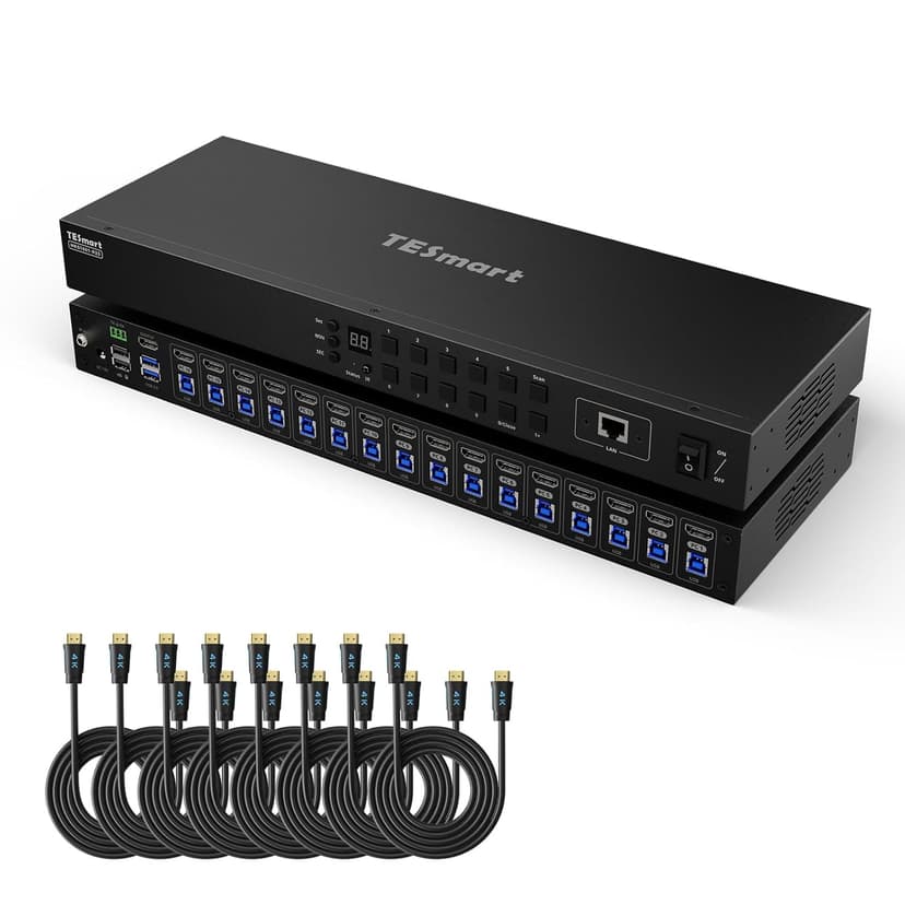 TESmart 16X1 HDMI KVM Switch USB 3.0, 4K@60Hz Rackmount KVM 16 Port Enterprise-Grade EDID Emulator | Hotkey Switch | RS232 | LAN Port | IR Remote | IP Control | Auto Scan | with 8 Pcs 5ft KVM Cable