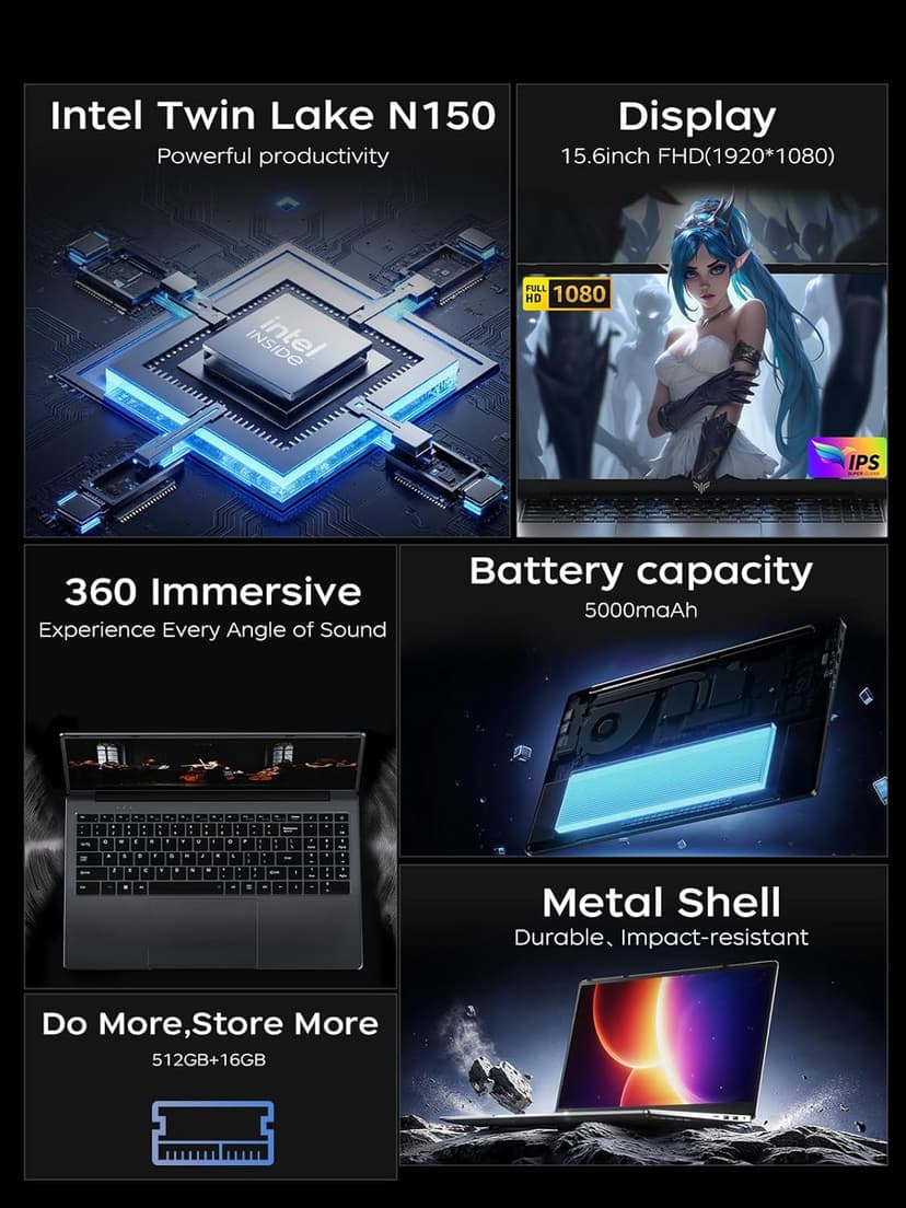 2025 Laptop, Laptop Computer with Intel Twin Lake N150 Processor(Up to 3.6GHz), 16GB DDR4 512GB SSD Windows 11 Laptop, 15.6" IPS 1080P, USB3.2, Long Battery Life