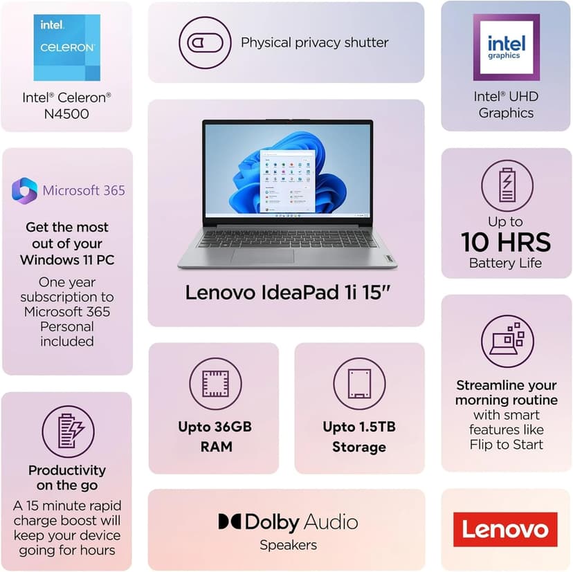 Lenovo IdeaPad 1i Laptop with Microsoft 365 Home and Business • 12GB RAM • 1TB Cloud Storage and 256GB SSD • Intel Core • 15 Anti-Glare Screen • WiFi-6 • 11HR Battery • Windows 11 • w/o Earbuds