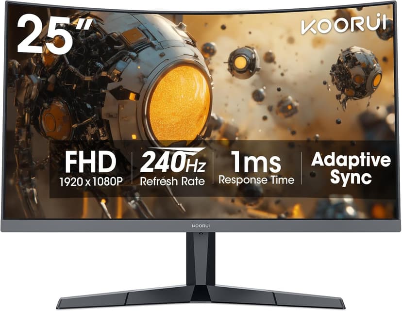KOORUI 25 Inch Curved Gaming Monitor 240Hz FHD 1080P Computer Monitor, 1500R 1ms GTG Display, Adaptive Sync, 90% DCI-P3,HDR, Eye Care, Tilt Adjustable, VESA 75x75mm, Black,G2511XC