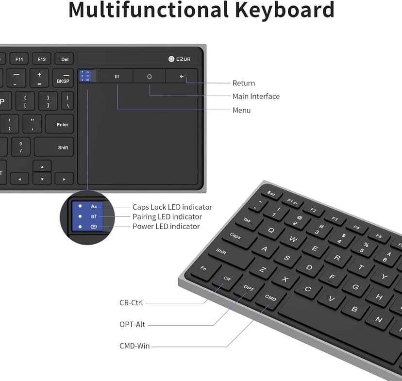 CZUR Rechargeable Bluetooth Keyboard with Touchpad, Portable Computer Keyboard with Trackpad, Wireless Ultra Slim Keyboard for PC/Laptop/Tablet/Phone