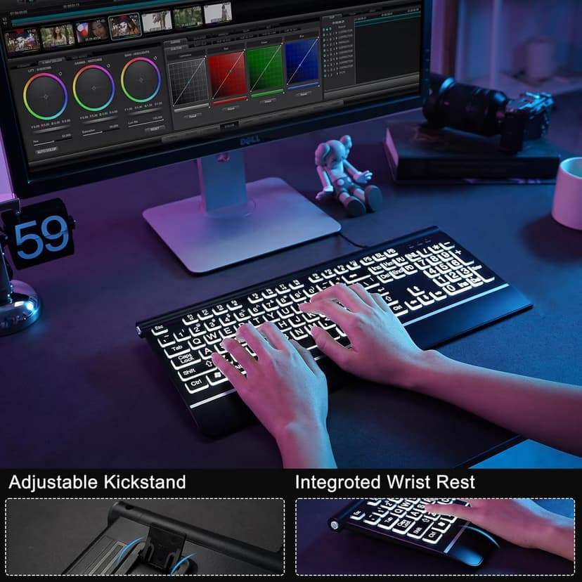 Large Print Backlit Computer Keyboard, 7-Color Backlit Keyboard with Wrist Rest, USB Plug-and-Play, Oversize Letters Keys Easy to See and Type, Wired Light Up Keyboards for Laptop, PC, Gaming