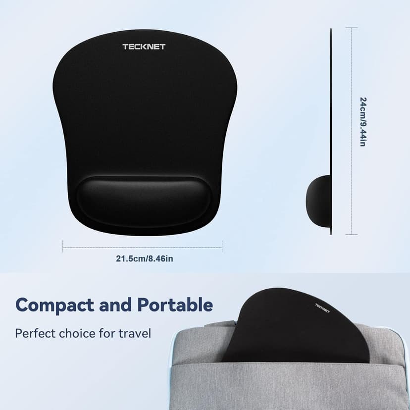 TECKNET Mouse Pad with Wrist Support, Ergonomic Gaming Mouse Pad Pain Relief, Portable Comfortable Mousepad for Computer, Laptop, Office, Home and Travel, Non-Slip Base, Waterproof Surface, Black