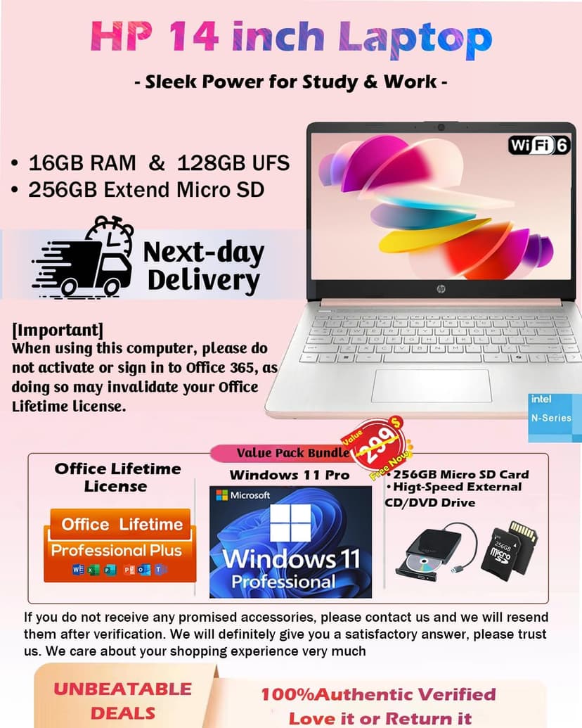 HP Business Student Laptop Computer - Windows 11 Pro & Microsoft Office Lifetime | 14 inch HD | AI-Powered, Long Batter Hr N-Serious Laptop| 16GB RAM, 128GB UFS, 256GB Extend Micro SD | Rose Gold