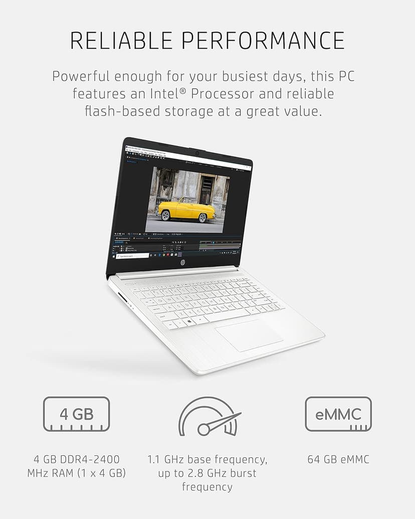 HP 14 Laptop, Intel Celeron N4020, 4 GB RAM, 64 GB Storage, 14-inch Micro-edge HD Display, Windows 10 Home, Thin & Portable, 4K Graphics, (14-dq0040nr, Snowflake White) (Renewed)