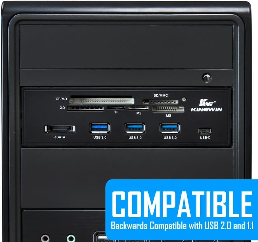 Kingwin Powered USB Hub 3.0 w/ 1 USB-C Port, SD Card Reader & Micro SD Card Reader - Sata Power Port w/Lightning Speed Data Transfer Up to 5Gbps - 5.25" Computer Case Front Bay, black (KW525-3U3CR)