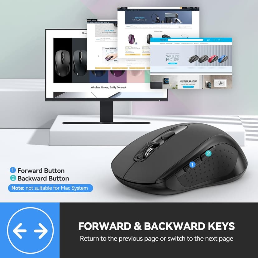 TECKNET Bluetooth Mouse, 4000DPI Wireless Mouse for Laptop 2-in-1(BT 5.0/3.0+2.4Ghz) Computer Portable PC Mice Wireless with USB Receiver for Mac (USB-A+Bluetooth, Black)