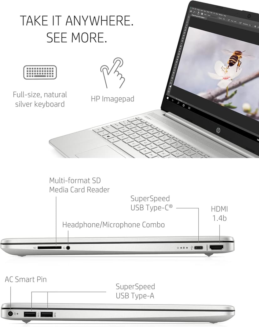 HP 15.6 Inch Laptop, Intel Iris Xe Graphics, 11th Generation Intel Core Processor, 8 GB RAM, 256 GB SSD, Windows 11 Home (15-dy2024nr, Natural silver)