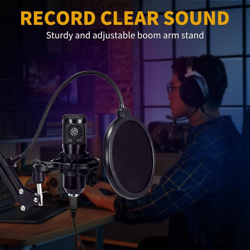 AMOOX Condenser Microphone,Professional USB Microphone Plug & Play PC Computer Microphone Condenser Cardioid Mic Kit with Adjustable Boom Arm Stand Shock Mount,for Podcast,Streaming,YouTube，Tiktok