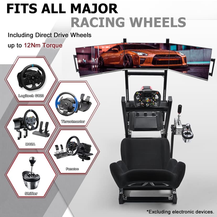 Supllueer 8040 Aluminum Racing Simulator Cockpit with 3 Monitor Stand and Black Seat,Universal and adjustable Cockpit, Compatible with Logitech/Thrustmaster/Fanatec/Moza Direct Drive Motors Wheels
