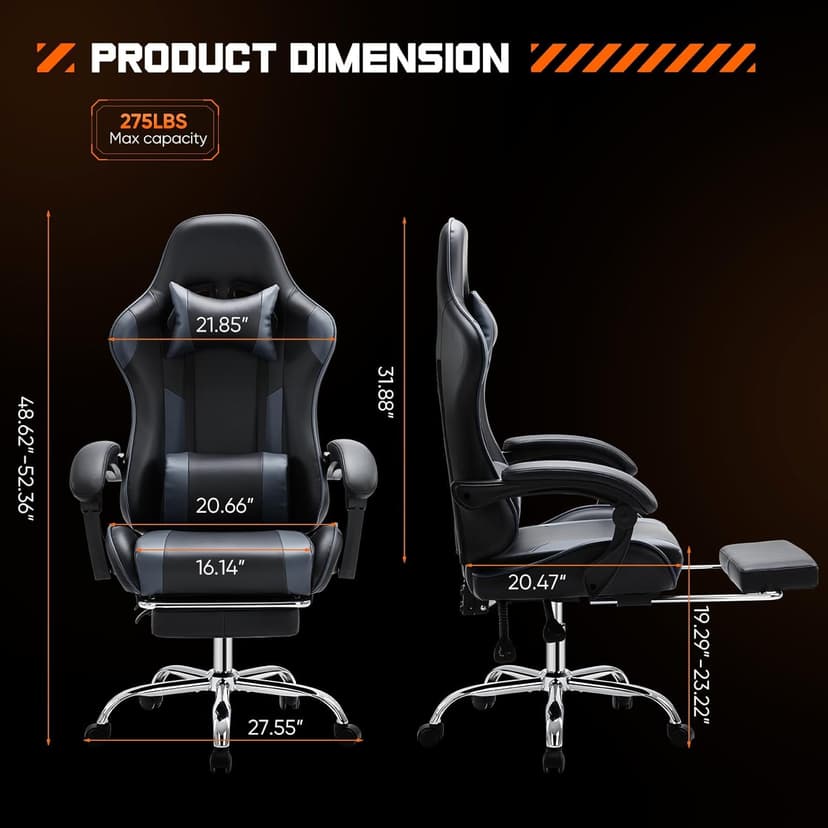 Sweetcrispy Video Game Desk Chair - Ergonomic Computer with Footrest and Comfy Lumbar Support, PU Leather Recliner with Headrest, Fixed Up Armrest, Height Adjustable with 360° Swivel, for Adults, Grey