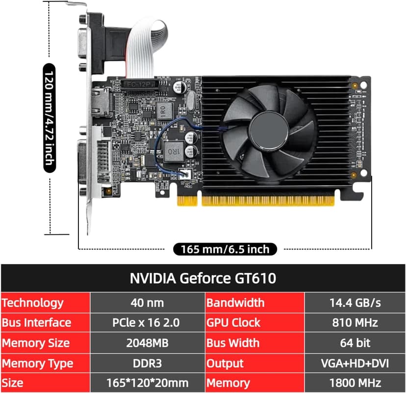 XUANMO NVIDIA GeForce 2.0 GT610 Low Profile PC 2GB Graphics Card 64bit 810MHZ, 2560x1600 PC Video Card, PCI Express 2.0, DVI VGA HDMI Video Gaming Graphics Card