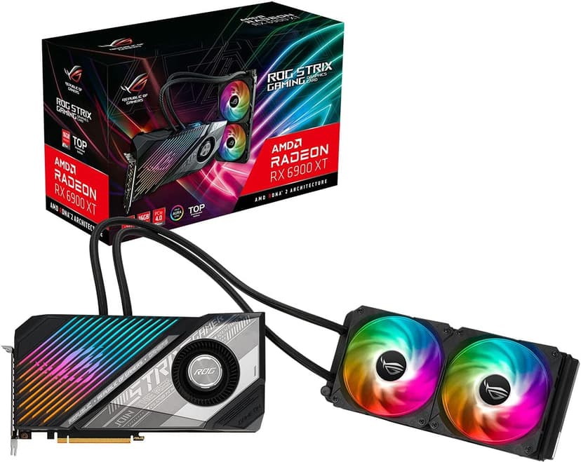 ASUS ROG Strix LC AMD Radeon™ RX 6900 XT TOP Edition Gaming Graphics Card (AMD RDNA™ 2, PCIe 4.0, 16GB GDDR6, HDMI 2.1, DisplayPort 1.4a, Full-coverage cold plate, 240mm radiator, 600mm tubing)