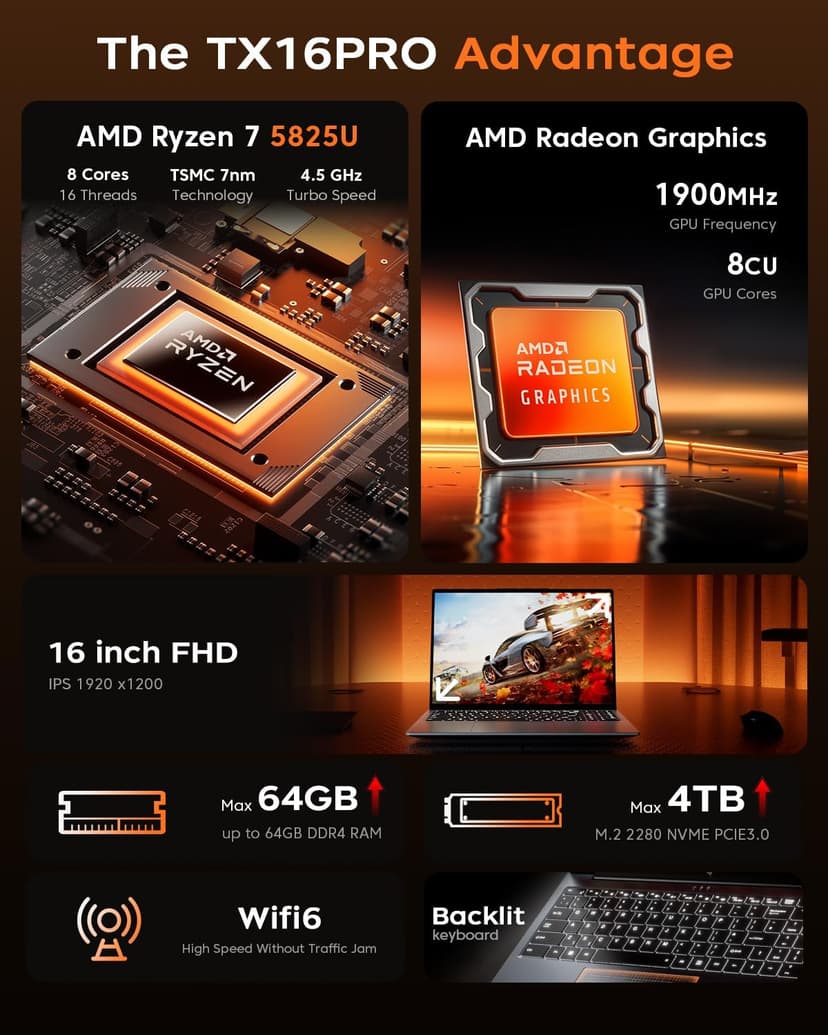 2025 Gaming Laptop, 16.0inch Laptop Computer with AMD Ryzen 7 5825U(8C/16T, Up to 4.5GHz), 16GB RAM 512GB NVMe SSD Windows 11 Laptop, Radeon RX Vega 8 Graphics,WiFi 6, Backlit KB