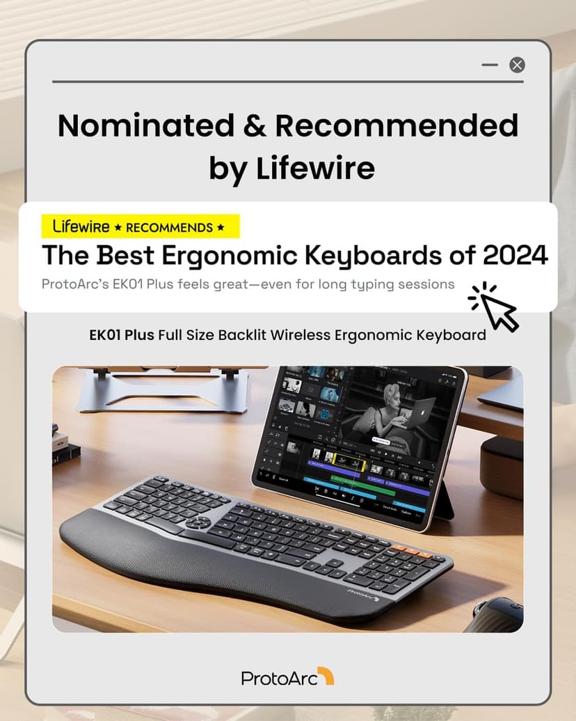 ProtoArc Backlit Bluetooth Ergonomic Keyboard, EK01 Plus Full Size Wireless Split Keyboard with Dual Bluetooth and USB, Cushioned Wrist Rest, Rechargeable, Compatible with Windows/Mac/Android, Grey