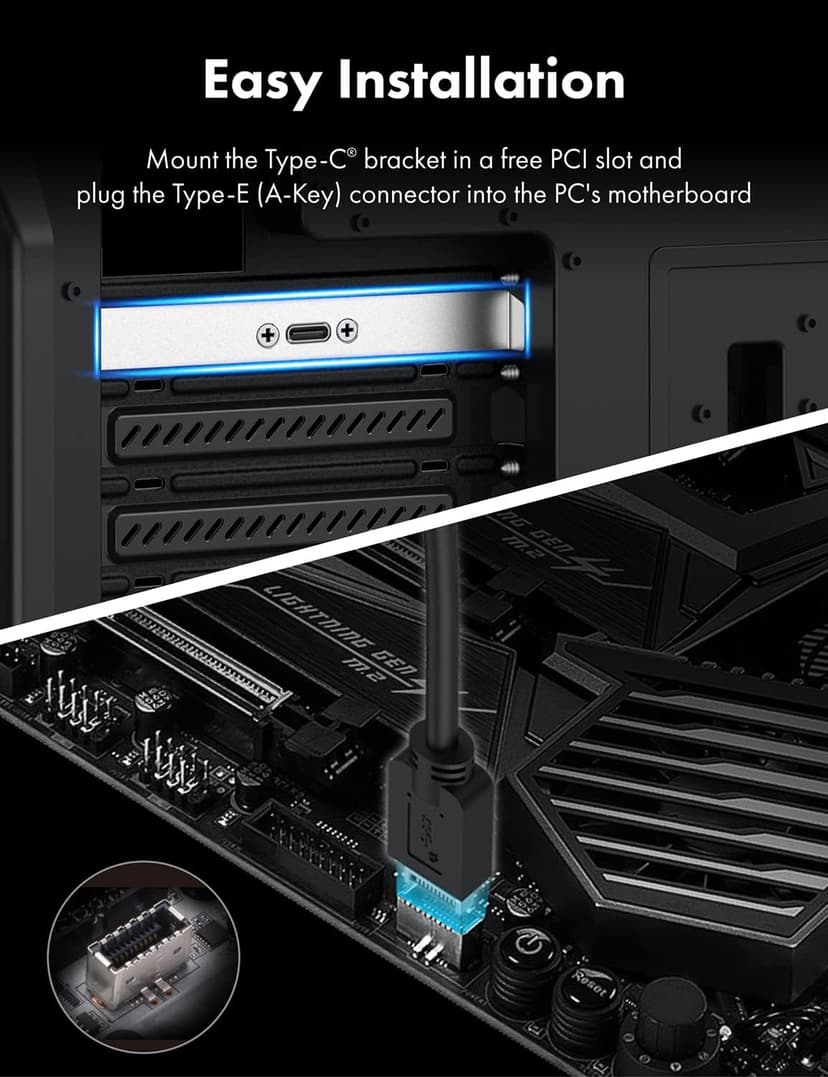 GRAUGEAR 20Gbps USB 3.2 Gen 2x2 USB-C Front Panel Type-C Adapter, Motherboard Header Extension Cable, USB-C to USB3.2 Type-E Key-A 20-Pin Connector with PCIe Bracket, 23.6 in [G-AD-ETC-10G]