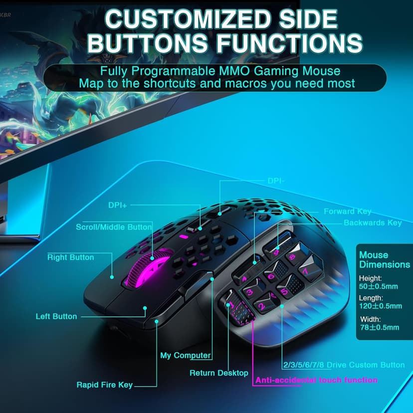 SM809 Pro Wireless MMO Gaming Mouse with 9 Side Buttons,24000 DPI,Triple Connectivity (2.4G/BT5.0/Wired) RGB MMO Mouse for Gamer,16 Programmable Macros,Up to 350H Battery Life,Black