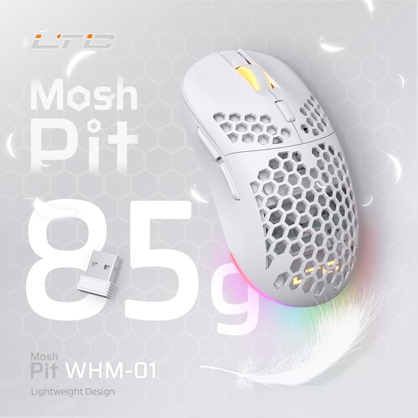 LTC WHM-001 Mosh Pit Wireless Gaming Mouse, 10,000 DPI 2.4Ghz/ Wired RGB Ambidextrous Mice w/Lightweight Honeycomb Shell, Ergonomic Shape for Right or Left Hand Use, for PC/Mac/Laptop, White