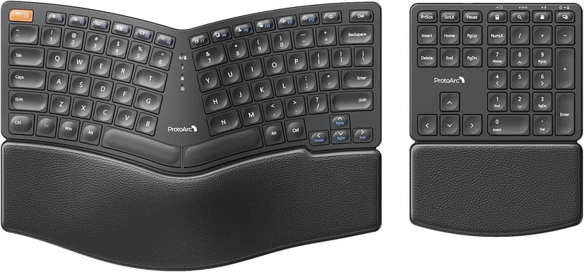 ProtoArc Wireless Ergonomic Keyboard, EK04 2.4GHz Wireless Ergo Keyboard with Separate Numeric Keypad, Split Design, Wrist Rest, Rechargeable, for Windows, Desktop, PC, Laptop