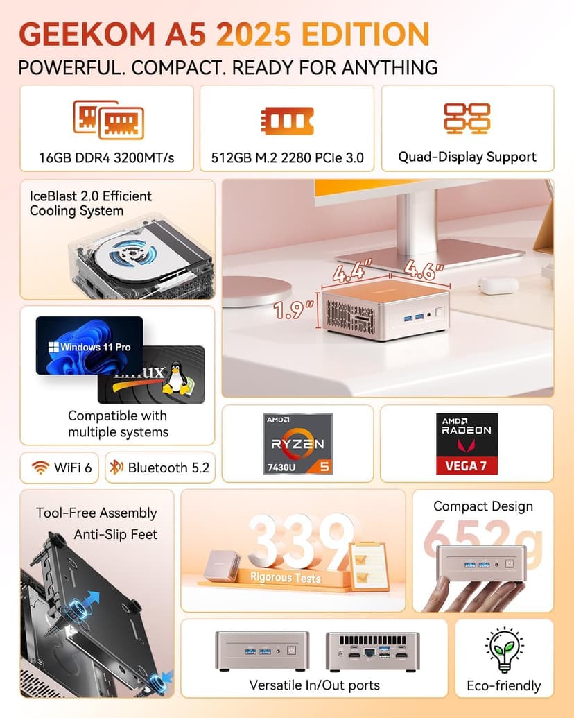 GEEKOM A5 2025 Edition Mini PC, AMD Ryzen 5 7430U, 16GB RAM & 512GB M.2 NVMe SSD, Windows 11 Pro Desktop Computer Support 8K UHD/Wi-Fi 6/Bluetooth 5.2/USB 3.2