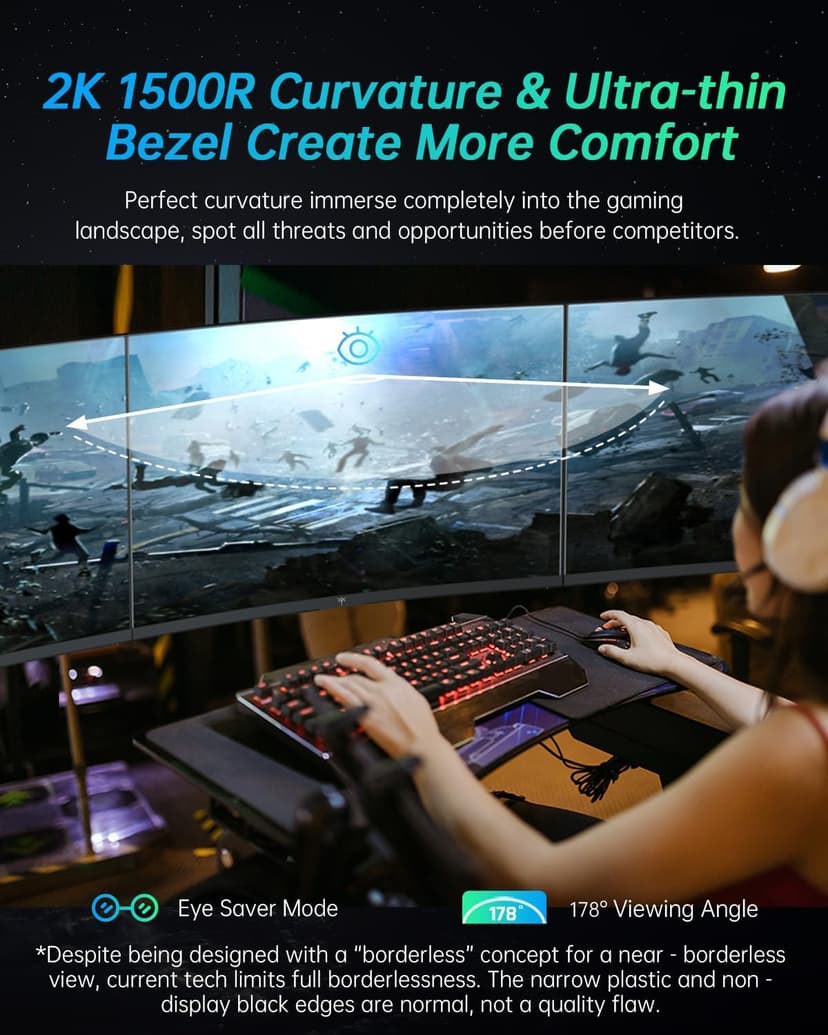 27 inch Gaming Monitor, 1440P Curved Monitor, 180Hz, 144Hz, 2K, 1500R, 1ms, FreeSync/G-Sync Compatible, DisplayPort/HDMI/USB, Ultrawide PC Vesa/Wall Mount Computer Monitor, H27S17