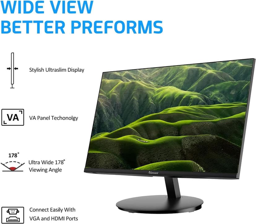 22 Inch Monitor with HDMI VGA Port, 1080P 75Hz Full HD VA LED Ultra Thin Bezel Display, Flicker-Free, Blue Light Filter, Built-in Speakers, Tilt Adjustment