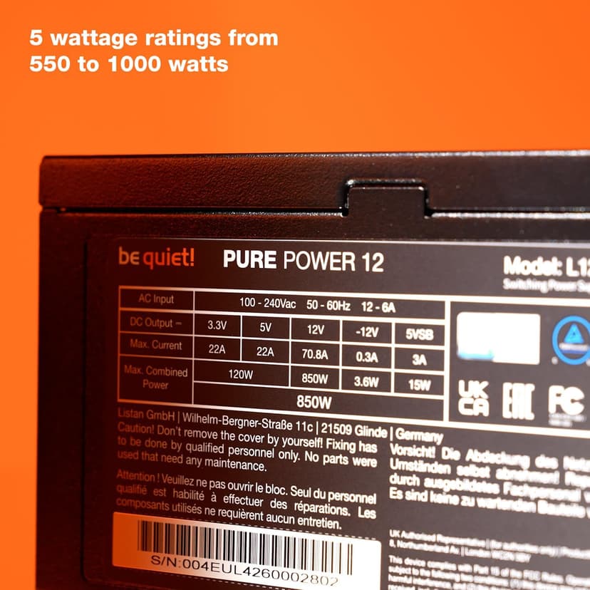 be quiet! Pure Power 12 850W PSU | 80 Plus Gold | ATX 3.1 | PCIe 5.1 GPU Support Power Supply | Silent 120mm Fan | High Performance 12V-Rail | Black | BP004US