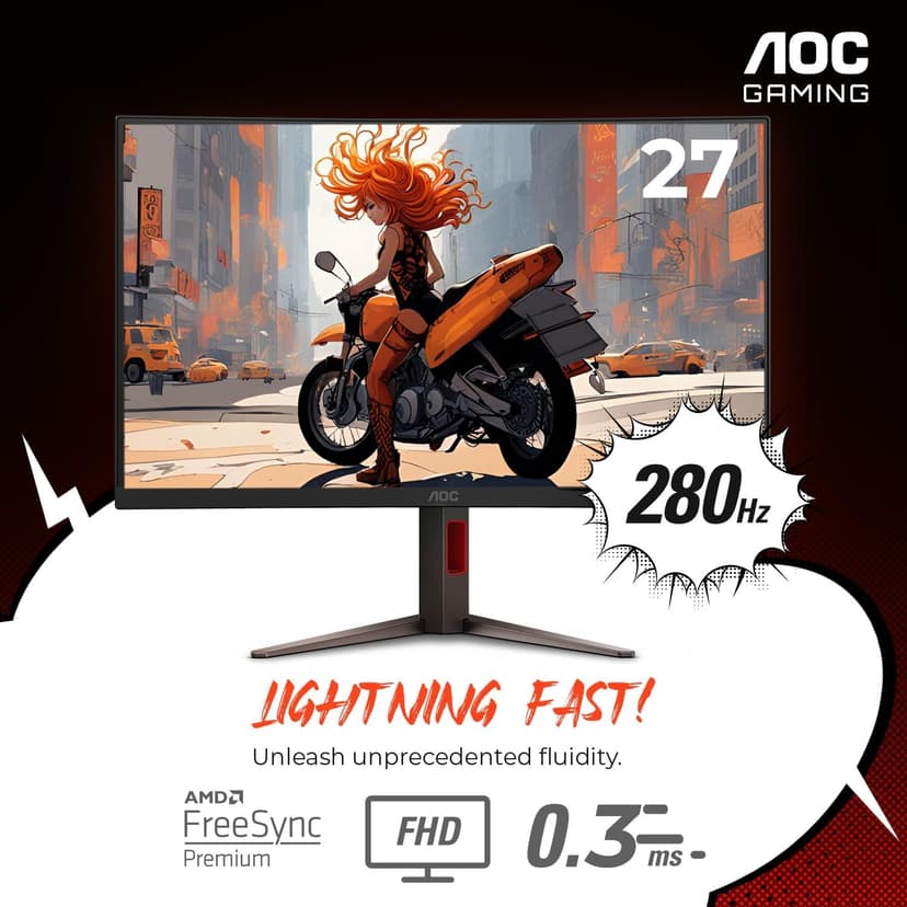 AOC C27G4ZH 27" Curved Frameless Ultra-Fast Gaming Monitor, FHD 1080p, 0.3ms 280Hz, HDMI/DP, Height Adjustable, 3-Year Zero Dead Pixel Guarantee, Black, Xbox PS5 Switch Compatible