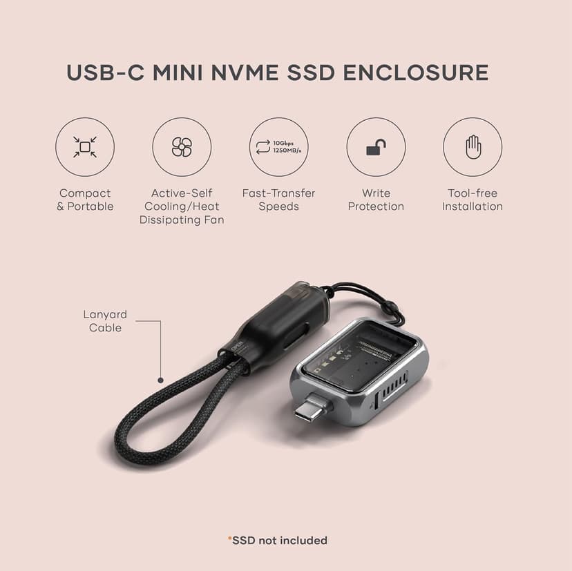 Satechi M.2 NVMe Mini SSD Enclosure with 10Gbps Transfer Speed, Up to 2TB SSD Storage, Active Auto Cooling, Compact and Portable USB C Case, Supports NVMe 2230 SSDs, (SSD Not Included)