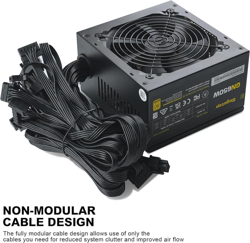 Segotep 650W 80 Plus Gold Certified Non-Modular ATX Power Supply with 6+2 Pin Connectors PFC Protection and RoHS Compliance, 120mm Silent Fan Gaming PSU GN-650 Black