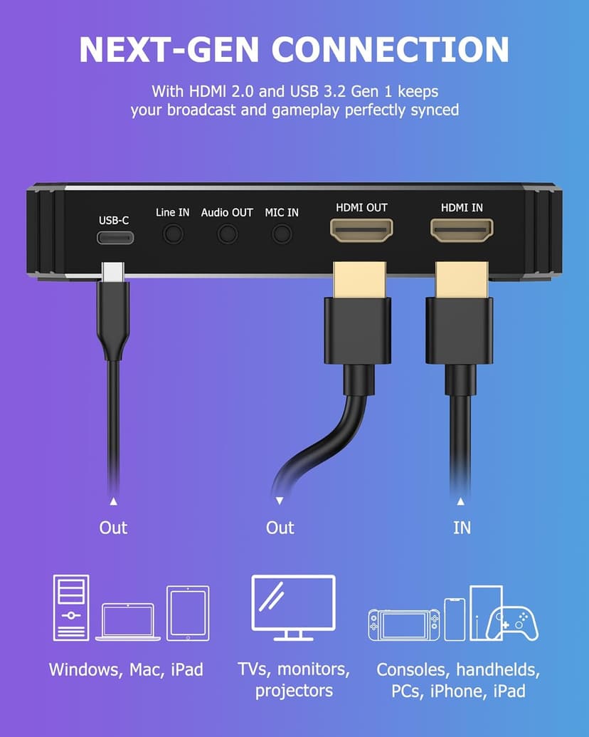 4K Capture Card for Streaming on PC,PS5/Pro,Xbox Series X/S,Switch, Stream/Record/Passthrough in 4K30 or 1080p120 HDR, HDMI 2.0, USB C 3.0 Video Game Capture Card