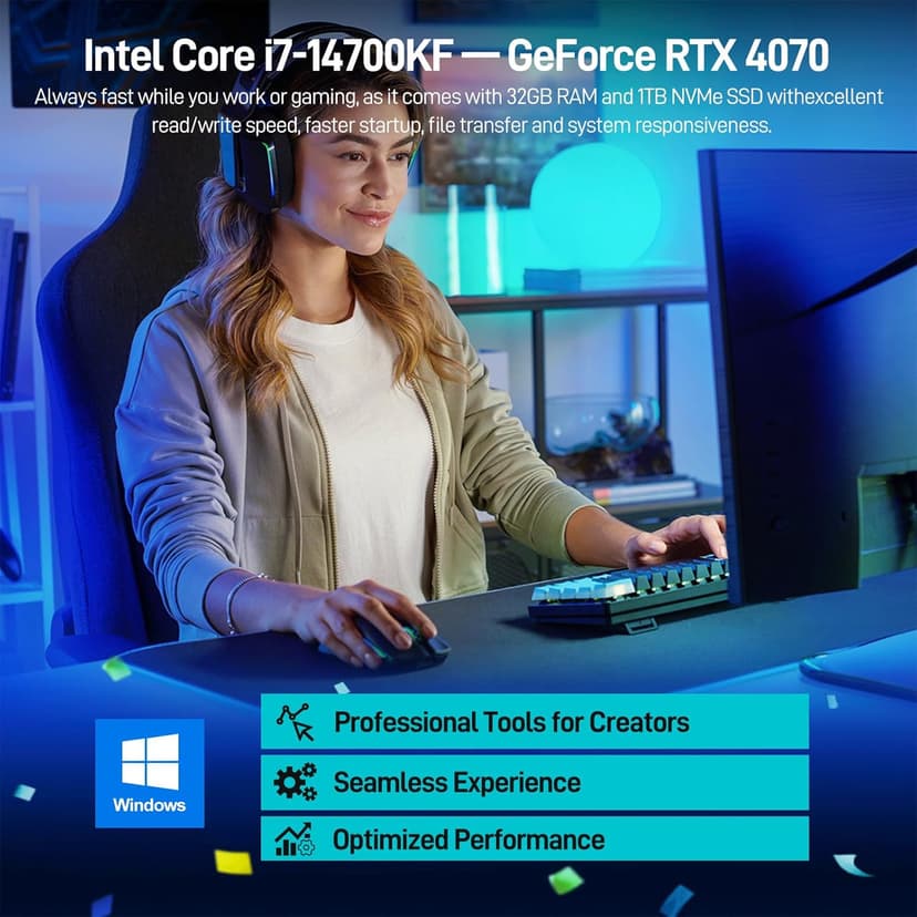 LXZ Gaming Desktop Core I7-14700KF 6 core 2.5GHz PC Computer, RTX 4070 12G, 32G DDR5 RAM, 1TB NVME SSD, Prebuilt Gaming PC Tower Computer for Home and Office (White)