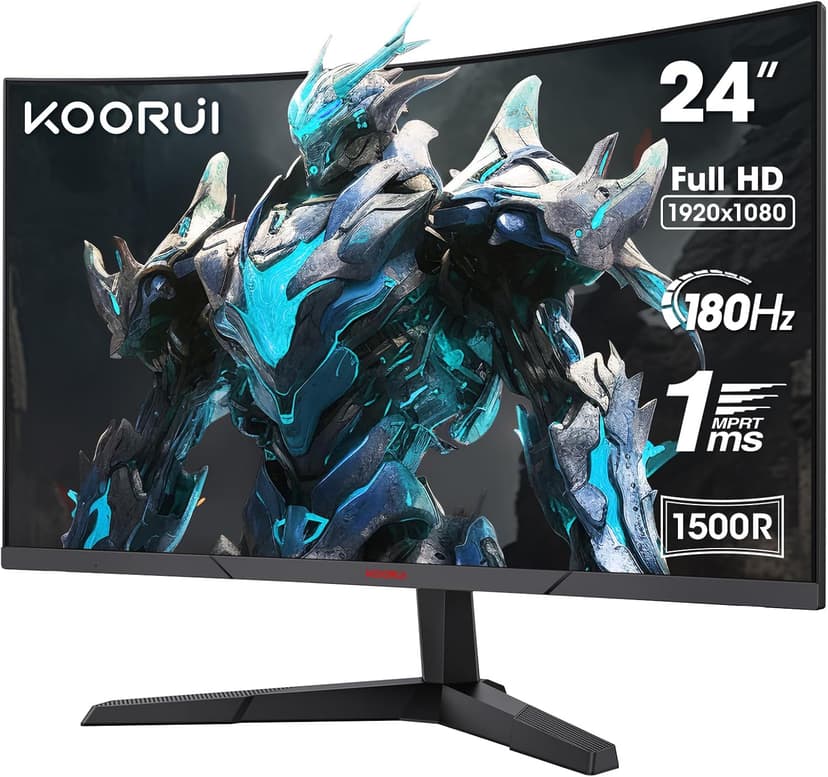 KOORUI 24 inch Curved Gaming Monitor 180Hz FHD 1080P Computer Monitor,1ms 1500R VA Display,Adaptive Sync, FreeSync Premium,HDR10,HDMI2.0X2&DP1.2,VESA Compatible,Tilt Adjustable,Eye Care,24E6CA