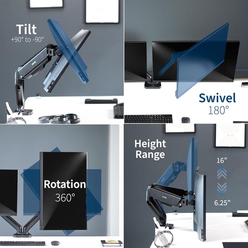 VIVO Dual Monitor up to 32 inches and 19.8 lbs per Screen, Pneumatic Arm Desk Mount, Articulating Counterbalance, VESA Stand, Classic, STAND-V002O