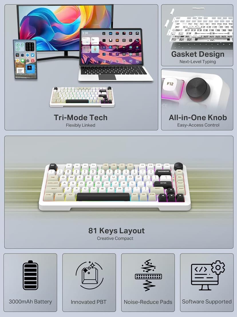 E-YOOSO Z82 Wireless Mechanical Keyboard, 3-Modes 81 Keys Compact, 75% Gasket Hot Swappable RGB Gaming Keyboard with Dedicated Knob Control and Sound Absorbing Pads, PBT Keycaps