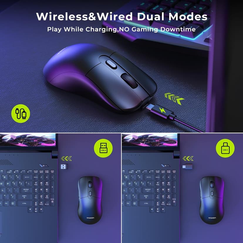 seenda Wireless Gaming Mouse, USB C Mouse, Web-Based Driver, 18000 DPI, 67g Lightweight, 6 Programmable Buttons, Type-C Rechargeable Mouse Gamer for PC/Laptop/Mac - Black