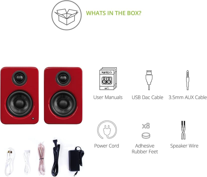 Kanto YU2GR PC Gaming Desktop Speakers | 3" Composite Drivers | 3/4" Silk Dome Tweeter | Class D Amplifier | 100 Watts | Built-in USB DAC | Subwoofer Output | Pair | Gloss Red