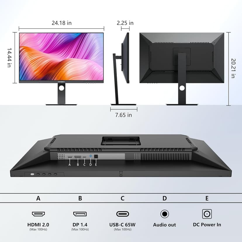INNOCN 27" 2K 1440P QHD Monitor 100Hz IPS PC Computer Monitor for Mac Laptop, 65W USB C, HDMI, DP, Built-in Speaker, Eyes Care, Height/Pivot Adjustable, VESA Mountable - Black, 27D1Q