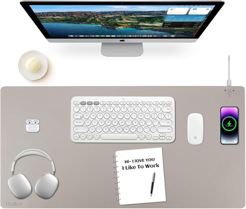 Wireless Charging Mouse Pad Firelison 2 in 1 Leather Multifunctional Office Desk Pad with Non-Slip Rubber Base, Waterproof Desk pad for Computers/Office/Work/Home/Decor（ 36" x 17"Grey - R）