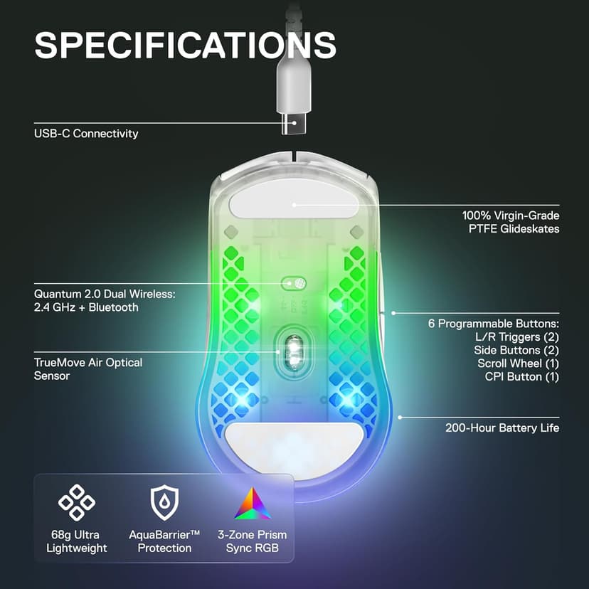 SteelSeries Aerox 3 Wireless - Holey RGB Gaming Mouse - 18K DPI TrueMove Air Optical Sensor - Ultra-Lightweight Water Resistant Design - Ghost
