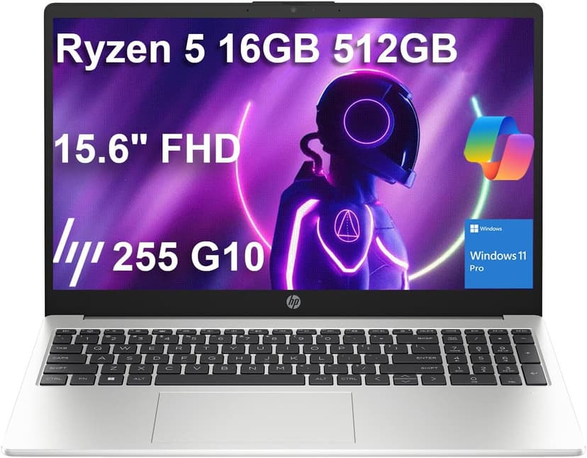 HP 255 G10 Business Laptop (15.6" FHD IPS Anti-glare, AMD Ryzen 5 7530U (> Intel i7-1165G7) 16GB RAM, 512GB SSD) for Home, Student, Webcam, Numeric Keypad, HDMI, Wi-Fi, Bluetooth, Win 11 Pro w/Copilot