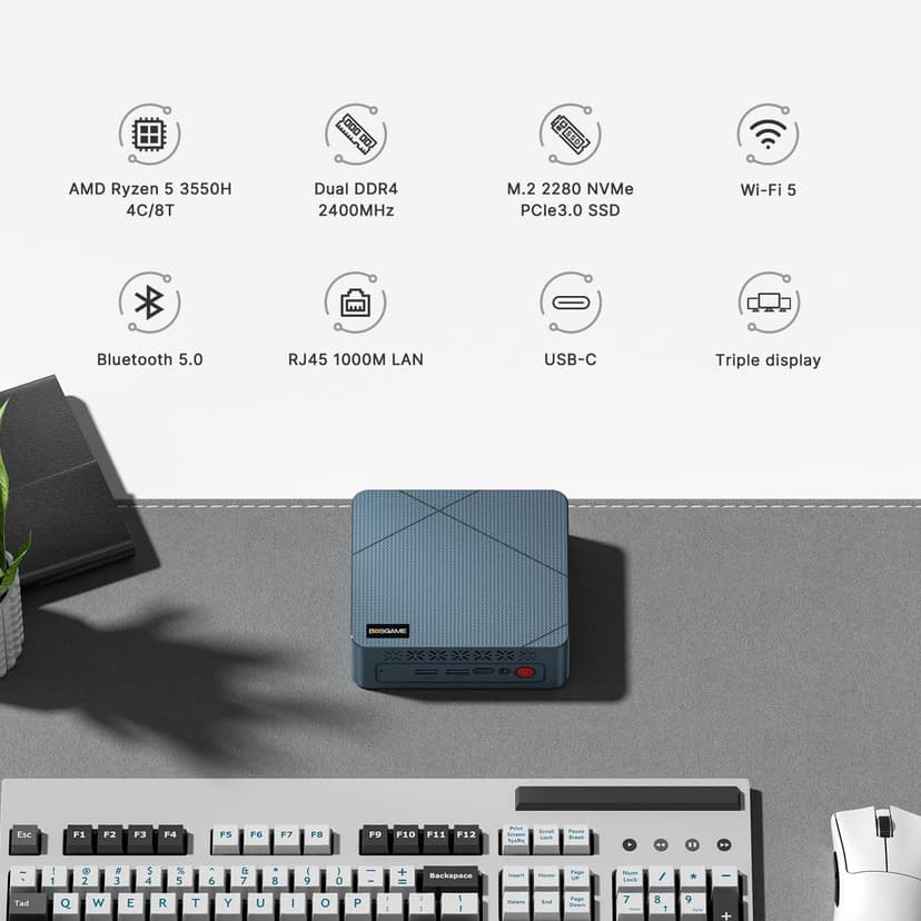E2 Mini PC Desktop Computers, AMD Ryzen 5 3550H, 16GB DDR4, 512GB PCIe SSD, 4K Triple Display, Type-C & USB3.2, RJ45 & Wi-Fi 5 & BT 5.0, Compact Silent PC for Office, Streaming, Home Theater