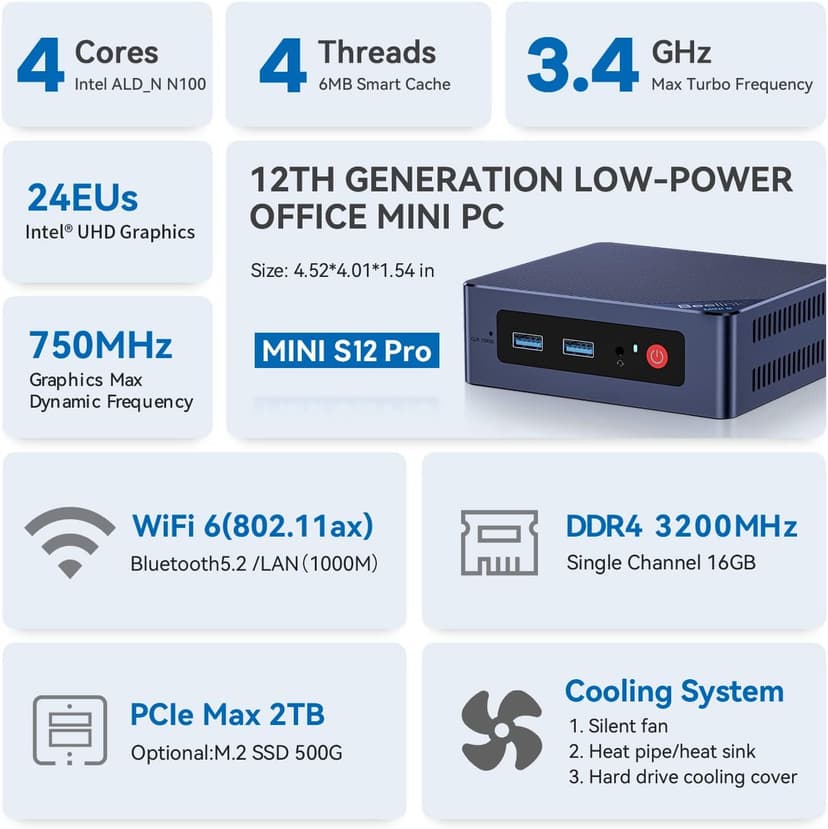 Beelink S12 Pro Mini PC, Intel 12th Gen Alder Lake- N100(up to 3.4GHz), 8GB DDR4 RAM 256GB M.2 SSD, Desktop Computer Support 4K Dual Display/USB3.2/WiFi 6/BT5.2/Gigabit Ethernet for Home/Office