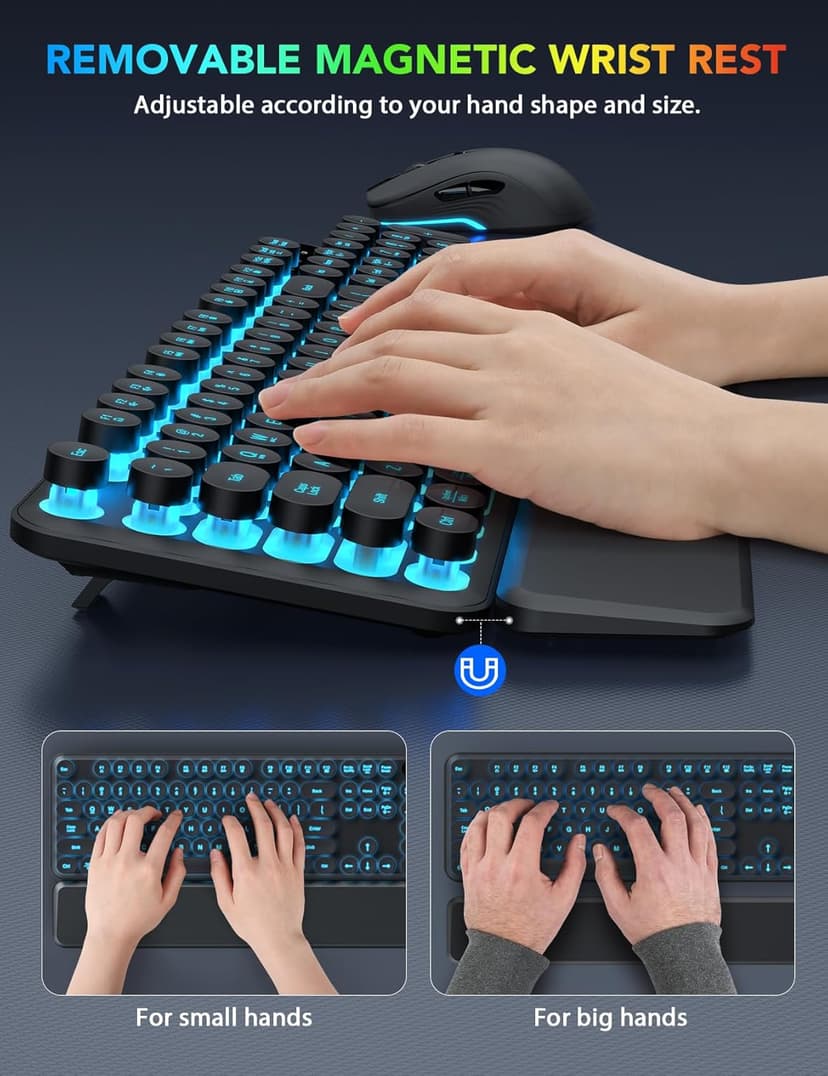 Wireless Keyboard and Mouse Backlit - Typewriter Keyboard with Detachable Wrist Rest, Retro Round Keycaps, Light Up Letters, 2.4G Cordless Combo for Mac, Windows, PC, Laptop, Trueque [2024 Upgraded]