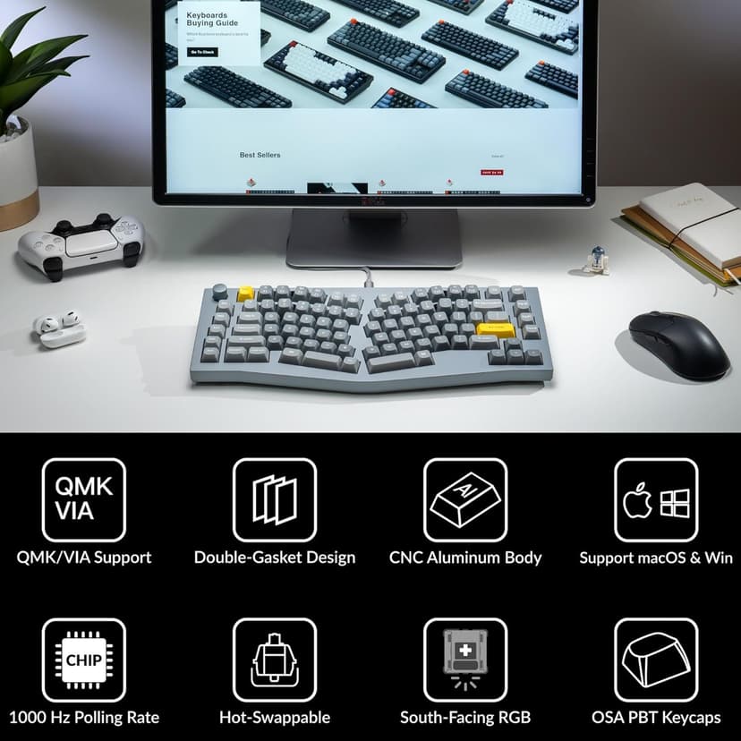 Keychron Q10 Wired Custom Mechanical Keyboard Knob Version, 75% Alice Layout QMK/VIA Programmable Macro with Hot-swappable Gateron G Pro Blue Switch Compatible with Mac Windows Linux (Grey)